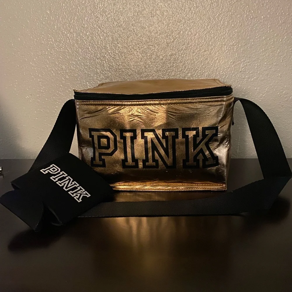 New Victoria’s Secret PINK Gold Zip Travel Case & Matching Drink Holder Logo Set